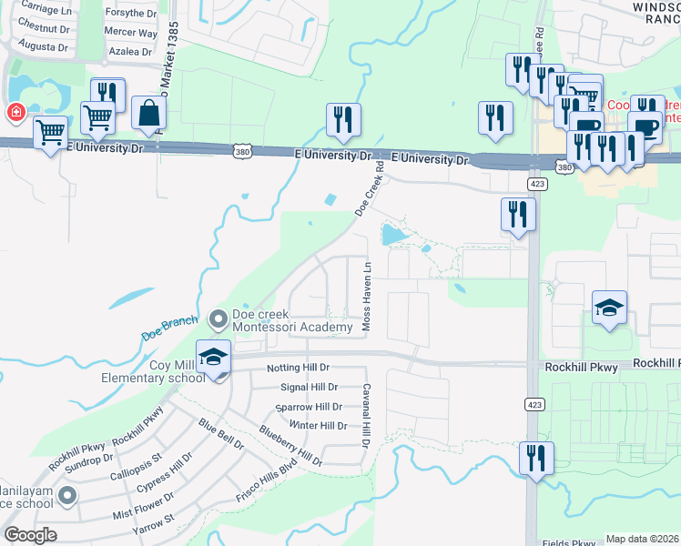 map of restaurants, bars, coffee shops, grocery stores, and more near 16435 Willowick Lane in Little Elm