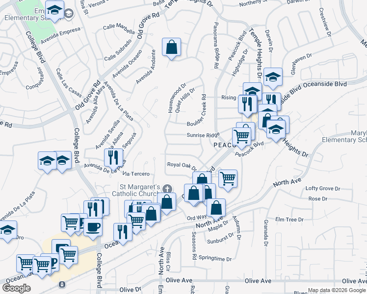 map of restaurants, bars, coffee shops, grocery stores, and more near 4551 Golden Ridge Drive in Oceanside