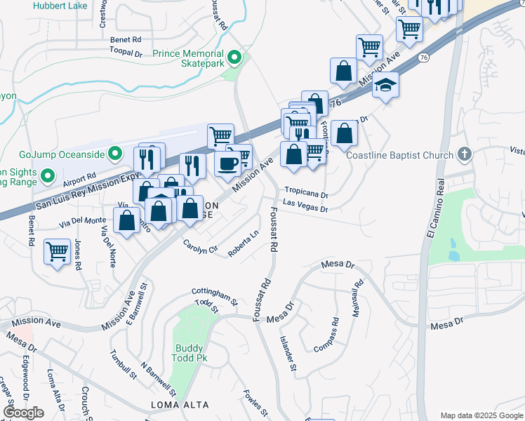 map of restaurants, bars, coffee shops, grocery stores, and more near 3301 Carolyn Circle in Oceanside