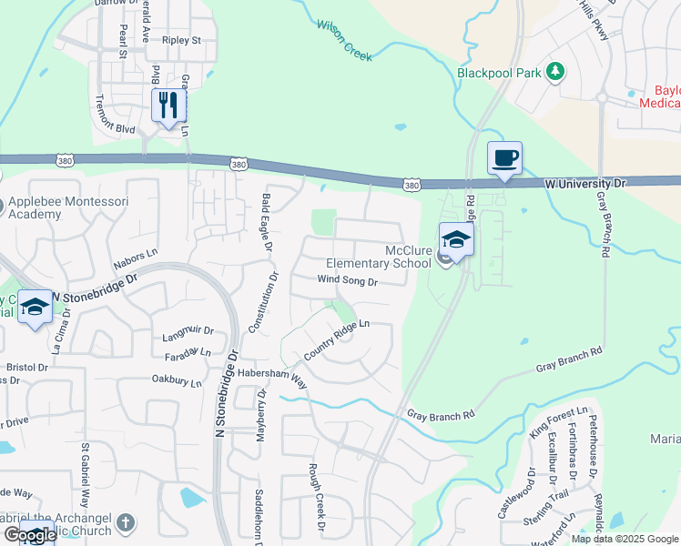 map of restaurants, bars, coffee shops, grocery stores, and more near 6512 Wind Song Drive in McKinney