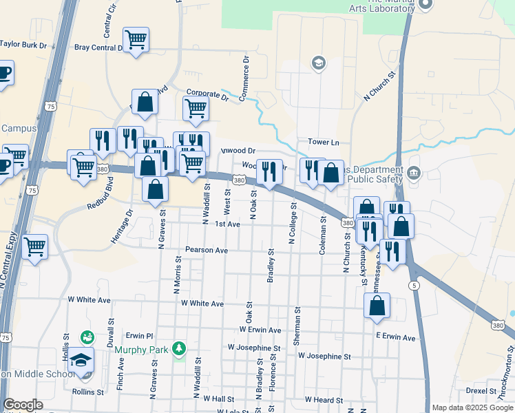 map of restaurants, bars, coffee shops, grocery stores, and more near 1710 North Oak Street in McKinney
