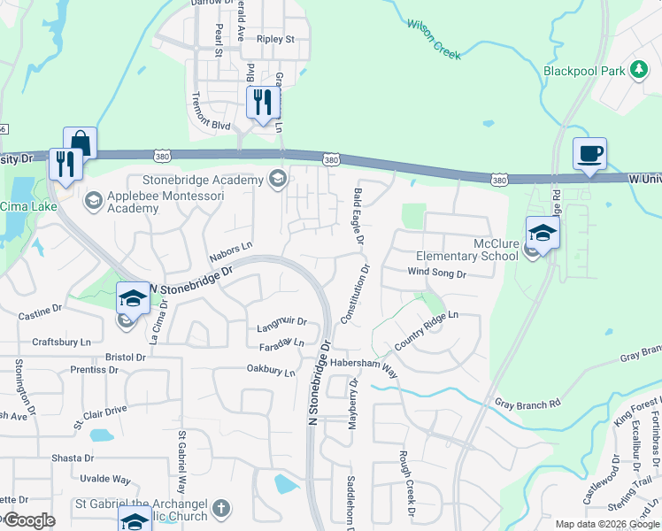 map of restaurants, bars, coffee shops, grocery stores, and more near 1405 Patriotic Lane in McKinney