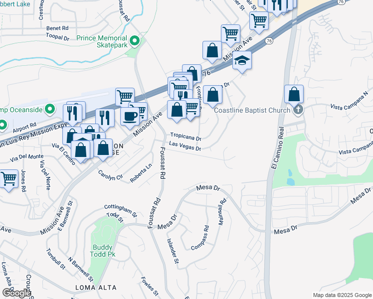 map of restaurants, bars, coffee shops, grocery stores, and more near 3345 Las Vegas Drive in Oceanside