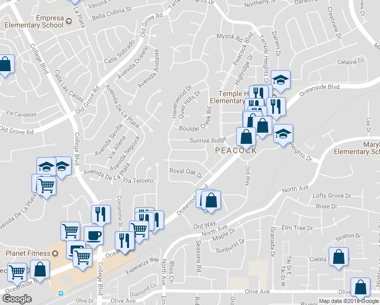 map of restaurants, bars, coffee shops, grocery stores, and more near 4551 Golden Ridge Drive in Oceanside