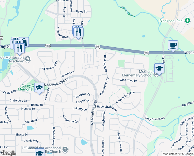 map of restaurants, bars, coffee shops, grocery stores, and more near 1405 Patriotic Drive in McKinney