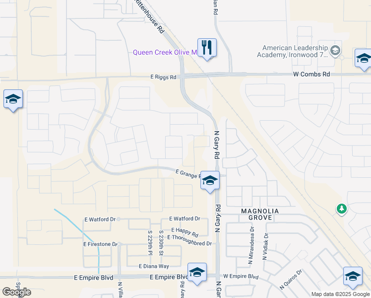 map of restaurants, bars, coffee shops, grocery stores, and more near 25779 South 230th Place in Queen Creek