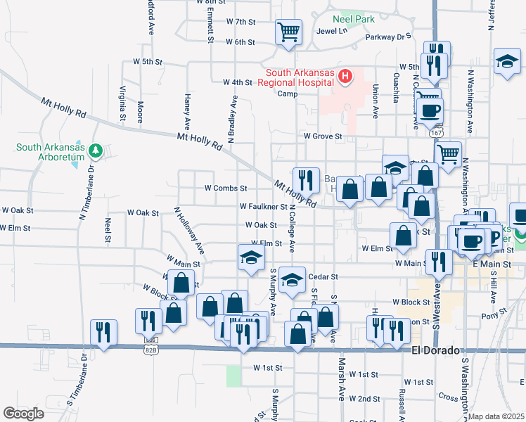 map of restaurants, bars, coffee shops, grocery stores, and more near 1005 West Faulkner Street in El Dorado