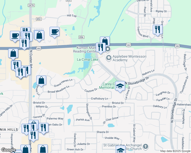 map of restaurants, bars, coffee shops, grocery stores, and more near 8103 Watch Hill Lane in McKinney