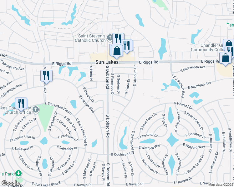 map of restaurants, bars, coffee shops, grocery stores, and more near 25450 South Sedona Drive in Sun Lakes