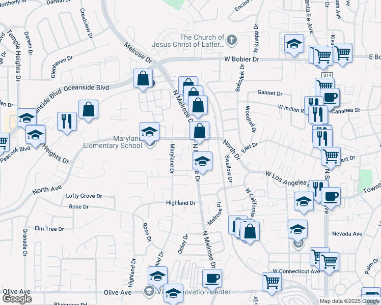 map of restaurants, bars, coffee shops, grocery stores, and more near 1211 North Melrose Drive in Vista