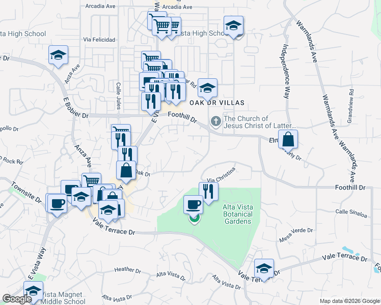 map of restaurants, bars, coffee shops, grocery stores, and more near 1212 Memory Ln in Vista