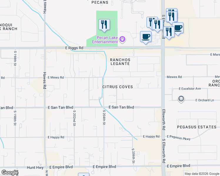 map of restaurants, bars, coffee shops, grocery stores, and more near 20421 East Excelsior Court in Queen Creek