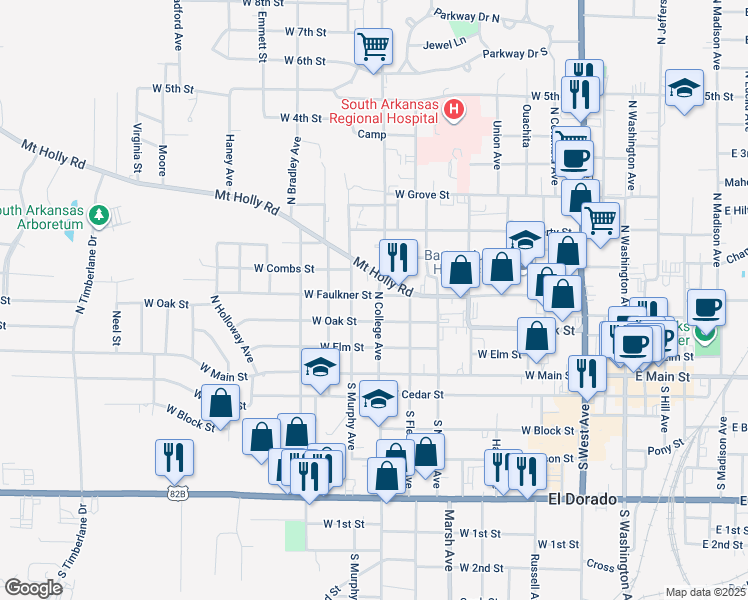 map of restaurants, bars, coffee shops, grocery stores, and more near 901 West Faulkner Street in El Dorado