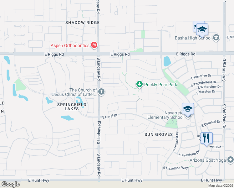 map of restaurants, bars, coffee shops, grocery stores, and more near 4158 East Desert Sands Place in Chandler