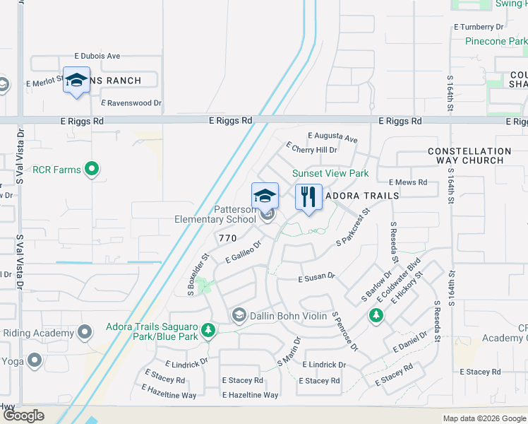 map of restaurants, bars, coffee shops, grocery stores, and more near 7520 S Adora BLVD in Gilbert