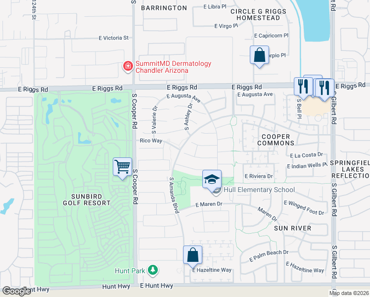 map of restaurants, bars, coffee shops, grocery stores, and more near 2204 East La Costa Place in Chandler