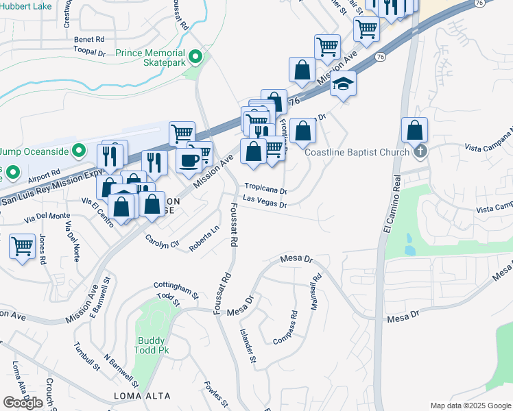 map of restaurants, bars, coffee shops, grocery stores, and more near 3345 Las Vegas Drive in Oceanside