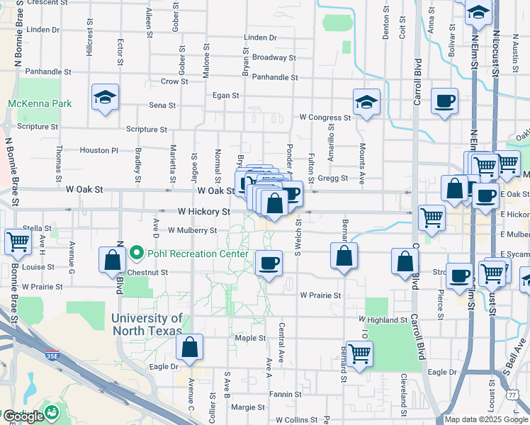 map of restaurants, bars, coffee shops, grocery stores, and more near 101 Avenue A in Denton