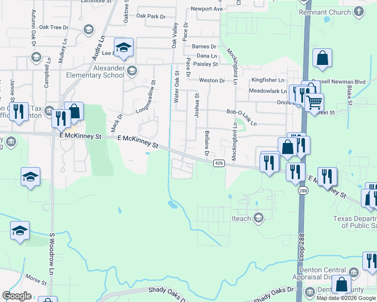 map of restaurants, bars, coffee shops, grocery stores, and more near 101 Springtree Street in Denton