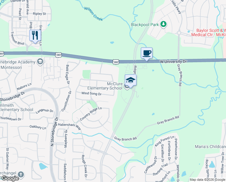 map of restaurants, bars, coffee shops, grocery stores, and more near 6301 Falcon Ridge Lane in McKinney