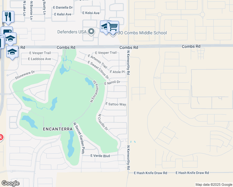 map of restaurants, bars, coffee shops, grocery stores, and more near 1697 East Tangelo Place in San Tan Valley