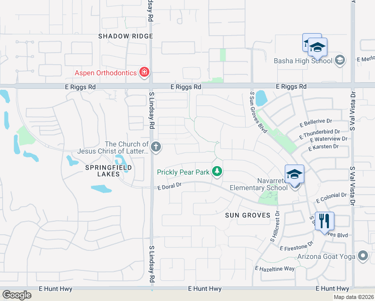 map of restaurants, bars, coffee shops, grocery stores, and more near 4158 East Desert Sands Place in Chandler