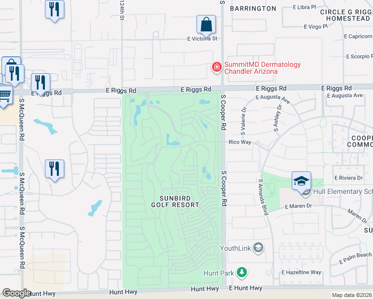 map of restaurants, bars, coffee shops, grocery stores, and more near 6320 South Cypress Point Drive in Chandler