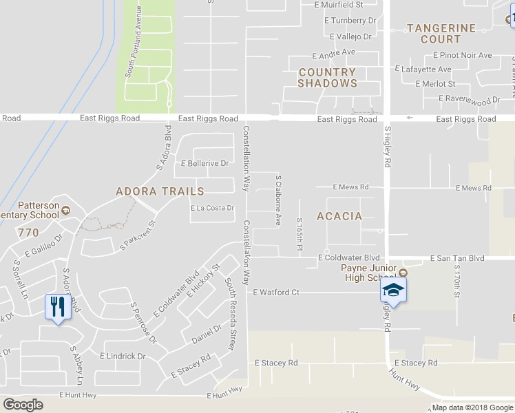 map of restaurants, bars, coffee shops, grocery stores, and more near 2826 East La Costa Drive in Gilbert