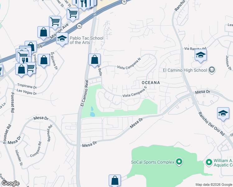 map of restaurants, bars, coffee shops, grocery stores, and more near 3660 Vista Campana South in Oceanside