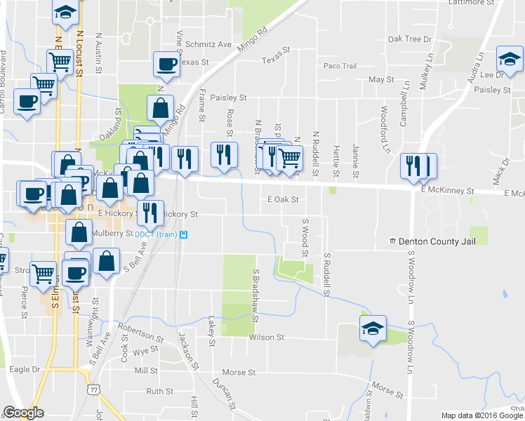 map of restaurants, bars, coffee shops, grocery stores, and more near 1021 East Hickory Street in Denton