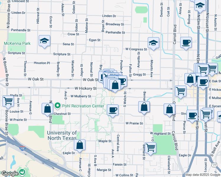 map of restaurants, bars, coffee shops, grocery stores, and more near 1511 West Sycamore Street in Denton