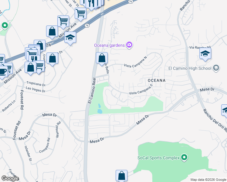 map of restaurants, bars, coffee shops, grocery stores, and more near 93 Vista Campana South in Oceanside