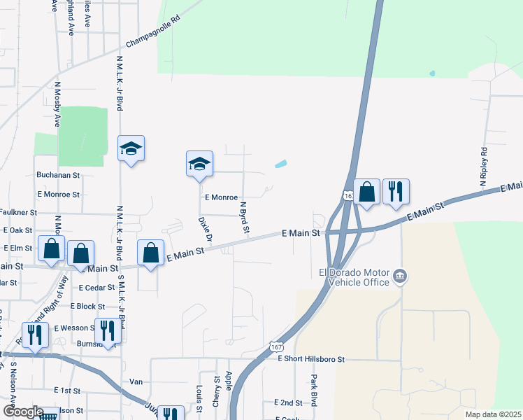 map of restaurants, bars, coffee shops, grocery stores, and more near 1430 East Faulkner Street in El Dorado