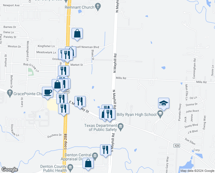 map of restaurants, bars, coffee shops, grocery stores, and more near 281 North Mayhill Road in Denton