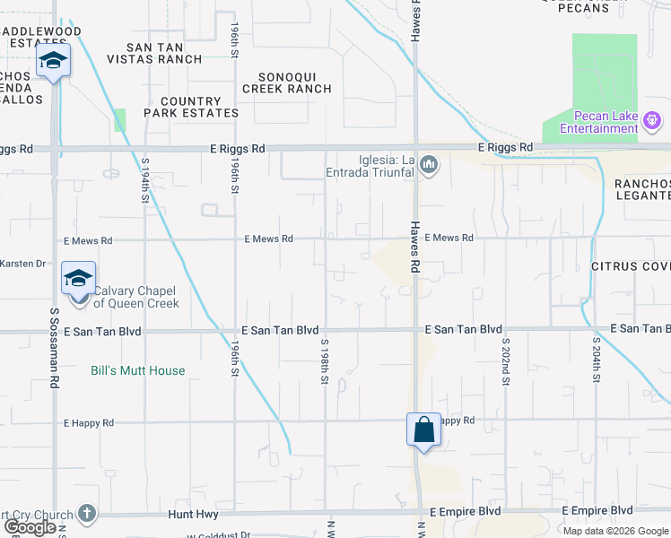 map of restaurants, bars, coffee shops, grocery stores, and more near 25741 South 198th Street in Queen Creek