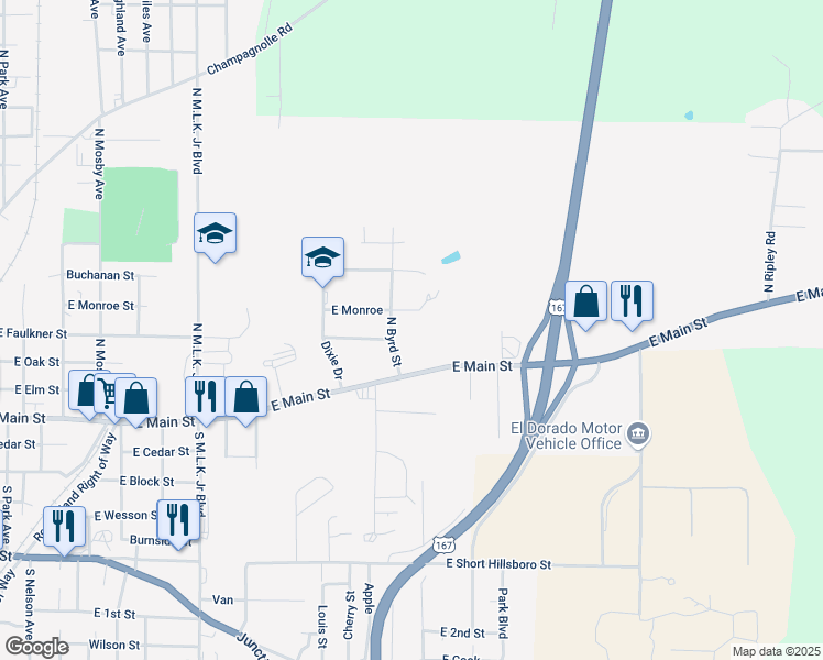 map of restaurants, bars, coffee shops, grocery stores, and more near 1430 East Faulkner Street in El Dorado
