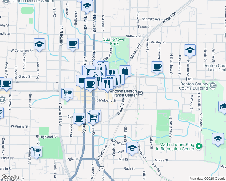 map of restaurants, bars, coffee shops, grocery stores, and more near 311 East Hickory Street in Denton