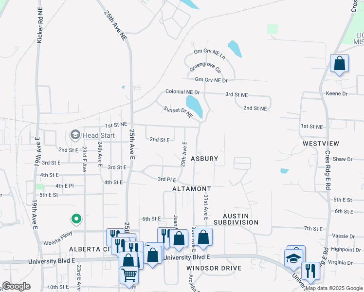 map of restaurants, bars, coffee shops, grocery stores, and more near 206 29th Avenue East in Tuscaloosa