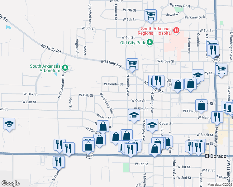 map of restaurants, bars, coffee shops, grocery stores, and more near 1301 West Faulkner Street in El Dorado
