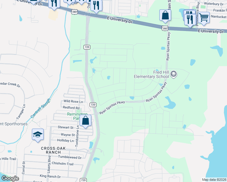 map of restaurants, bars, coffee shops, grocery stores, and more near 4201 Farm to Market 720 in Aubrey