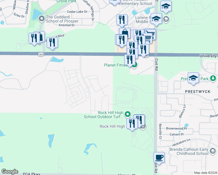 map of restaurants, bars, coffee shops, grocery stores, and more near 2147 East University Drive in Prosper