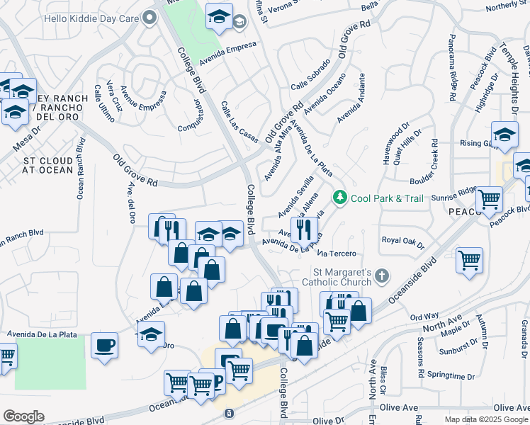map of restaurants, bars, coffee shops, grocery stores, and more near 1850 Avenida Aragon in Oceanside
