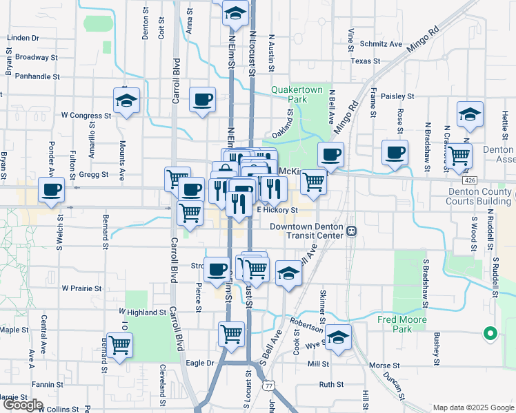 map of restaurants, bars, coffee shops, grocery stores, and more near in Denton