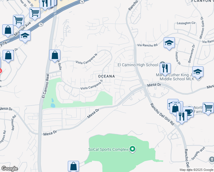 map of restaurants, bars, coffee shops, grocery stores, and more near 3839 Vista Campana North in Oceanside