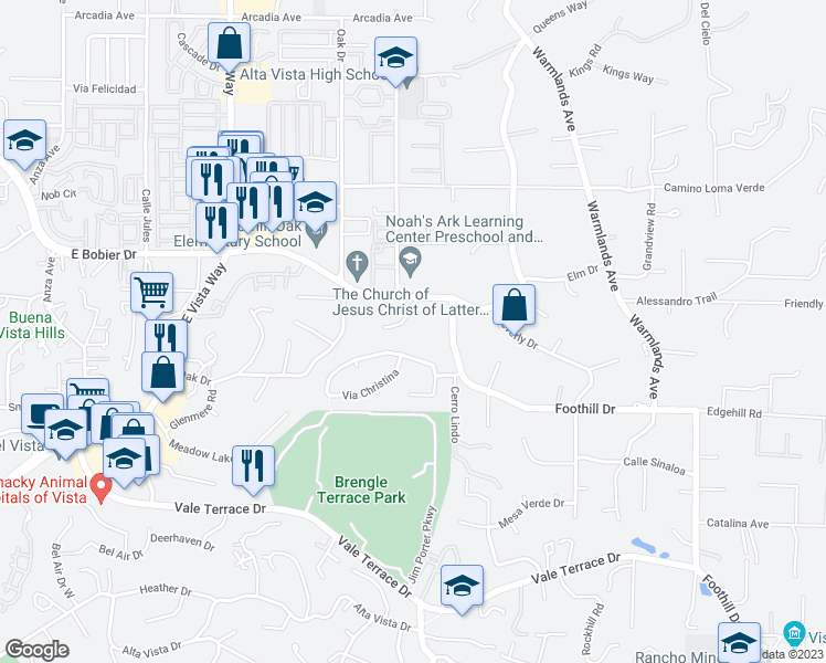 map of restaurants, bars, coffee shops, grocery stores, and more near 1417 Foothill Dr in Vista
