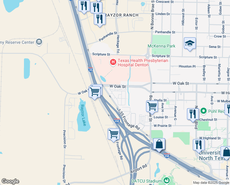 map of restaurants, bars, coffee shops, grocery stores, and more near 2601 West Oak Street in Denton