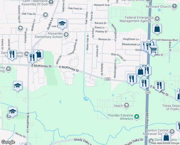 map of restaurants, bars, coffee shops, grocery stores, and more near 101 Springtree Street in Denton