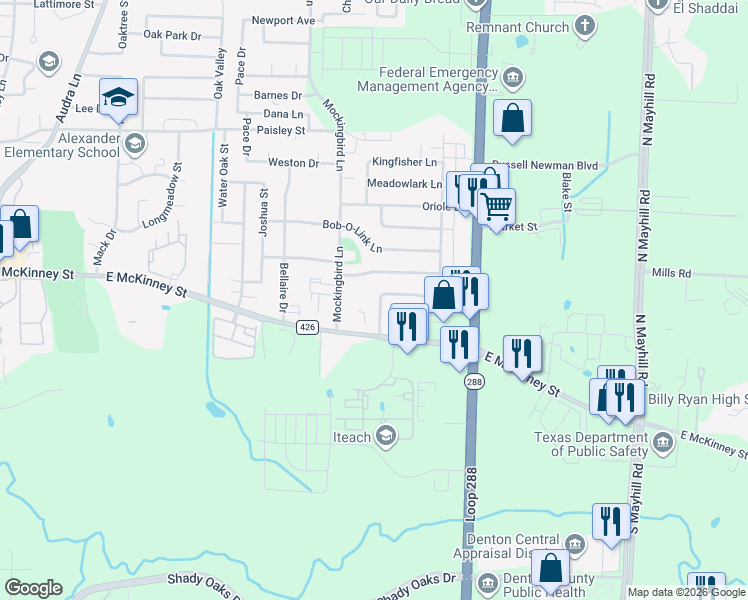 map of restaurants, bars, coffee shops, grocery stores, and more near 129 Bluebird Circle in Denton