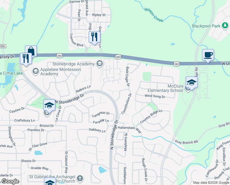map of restaurants, bars, coffee shops, grocery stores, and more near 1405 Patriotic Lane in McKinney