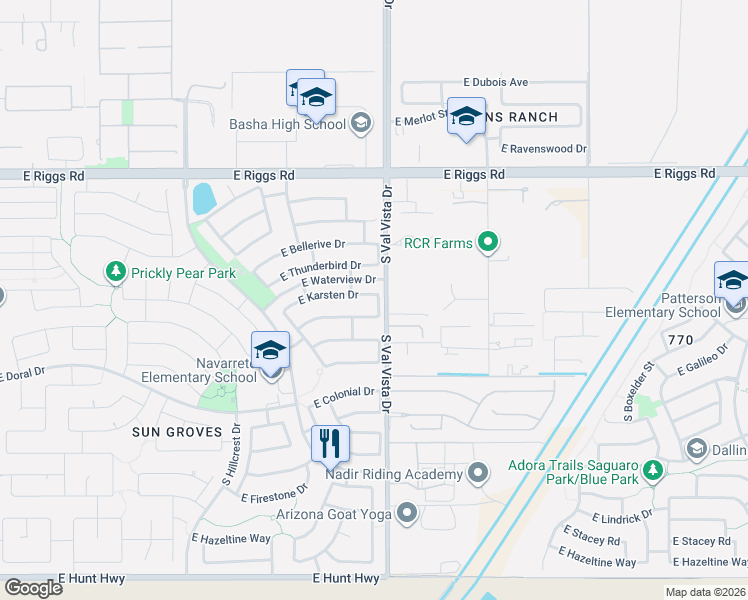 map of restaurants, bars, coffee shops, grocery stores, and more near 4989 East Karsten Drive in Chandler